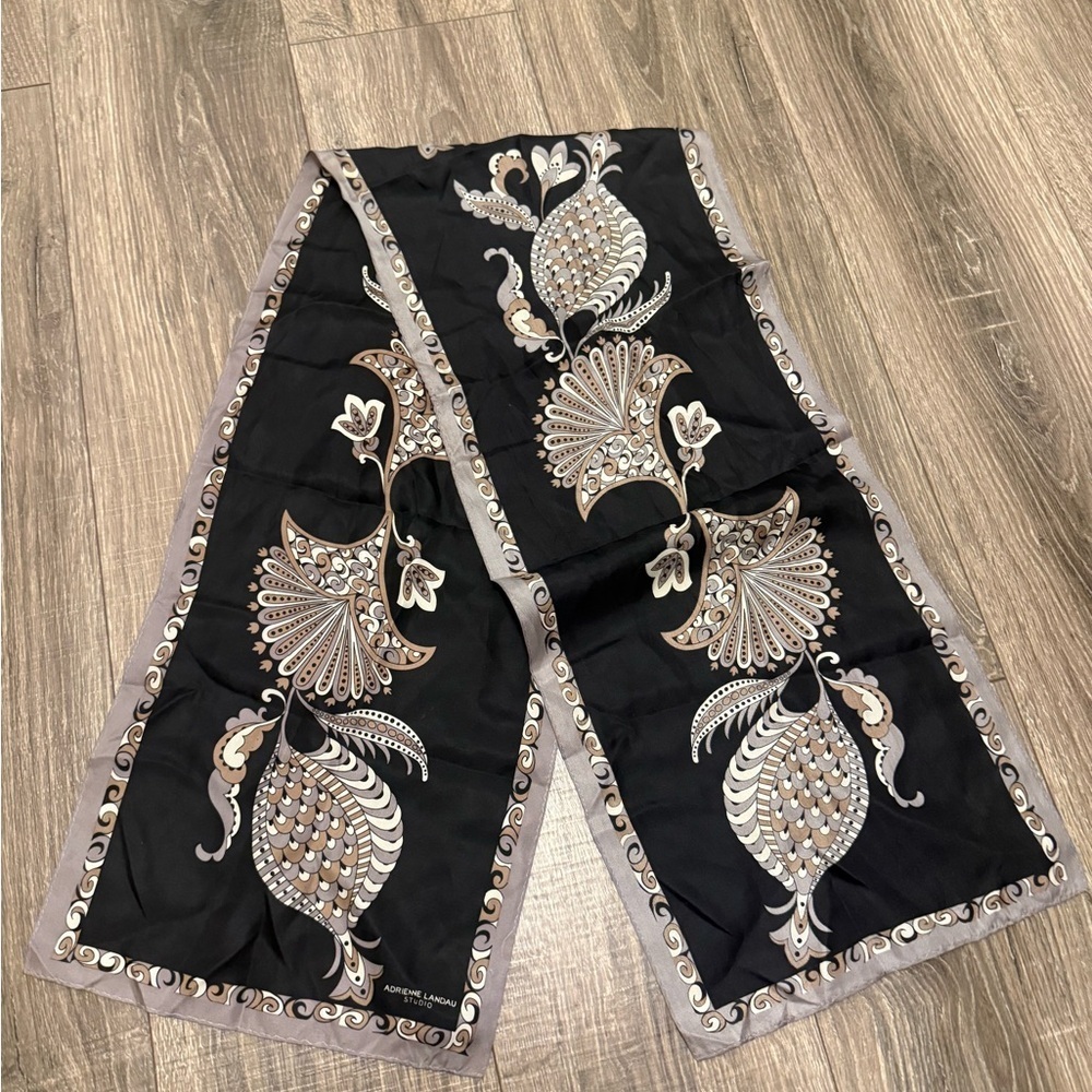 Adrienne Landau Studio Black Gray Beige Floral Silk Scarf